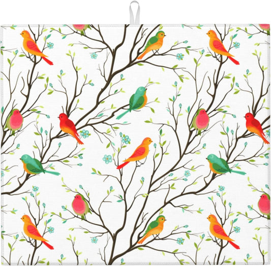 Birds on Tree Dish Drying Mat for Kitchen Counter Washable Absorbent Reversible Microfiber Cute Birds Drying Pad Kitchen Accessories 16x18 Inch