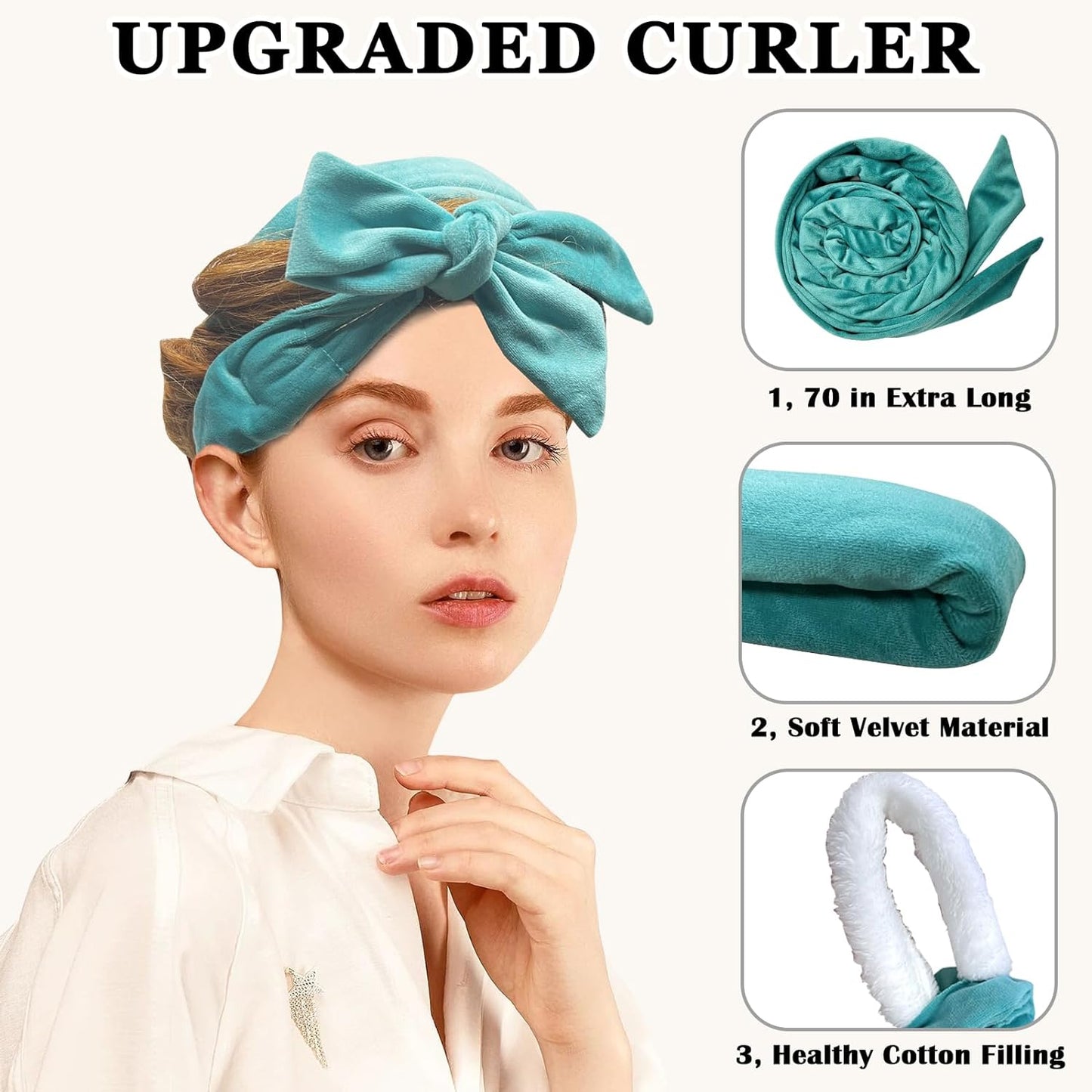 No Heat Overnight Curl Headband, 70" Soft Ribbon Wrap for Long Hair, 9 PCS Hair Curling Rods Set - Blue Green