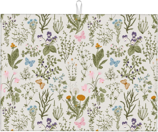 Vintage Floral Spring Summer Dish Drying Mat for Kitchen Counter, Herbs and Wild Flowers Drying Pad 18x24 Inch Absorbent Reversible Cute Botanic Dish Drainer Rack Mats