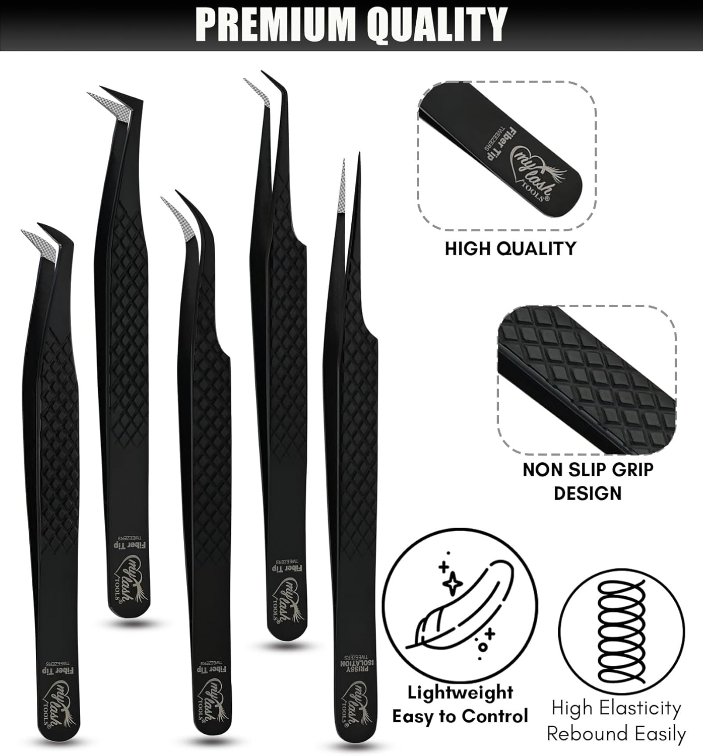 Fiber Tip Lash Tweezers Eyelash Extension Tweezers for Lash Extensions Precision Boot Volume Lash Tweezers Japanese Steel Curved Isolation Tweezer Set fiber grip tweezers (Black, 5pcs)