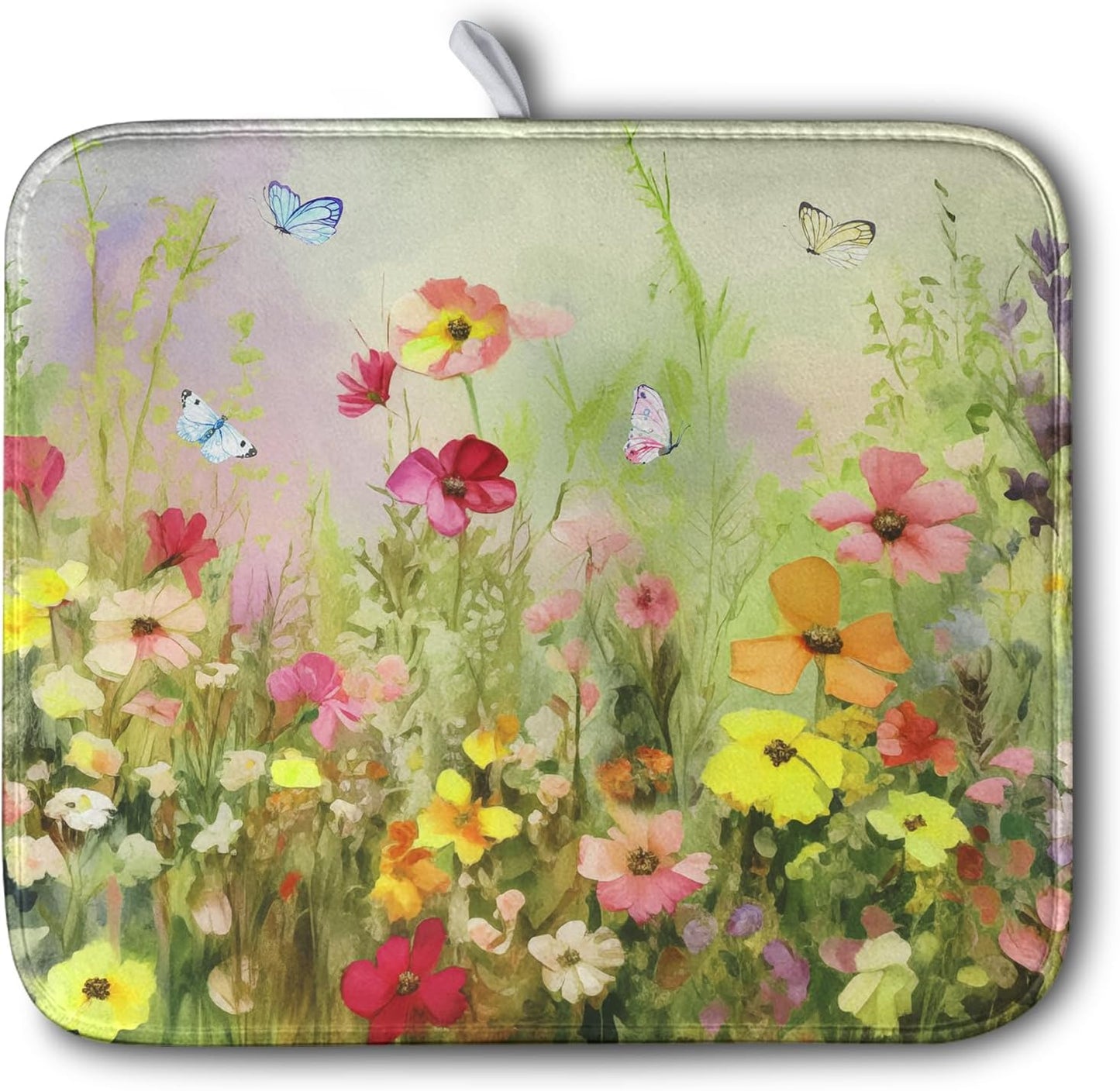 Spring Floral Dish Drying Mat for Kitchen Counter 16x18 Inch Sage Green Wild Flowers Drying Mats Spring Summer Plant Microfiber Absorbent Dish Rack Pad for Coffee Bar Sinks Home Accessories