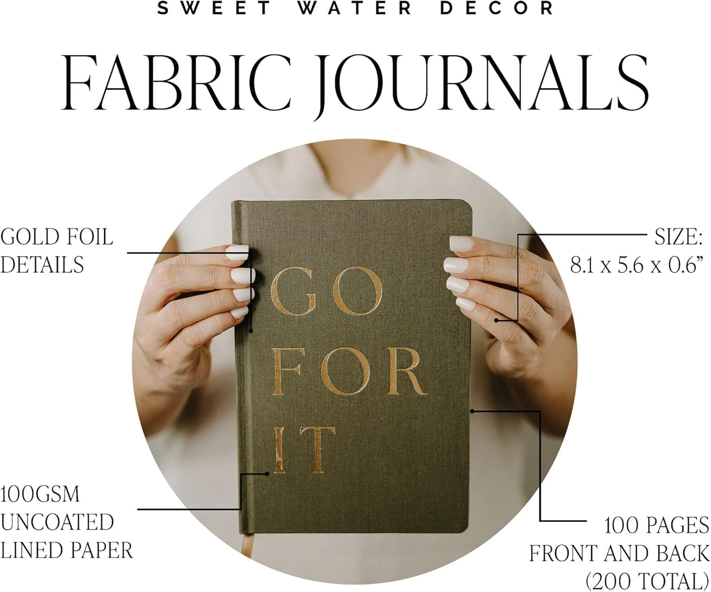 Sweet Water Decor Cute Motivational Lined Composition Notebook for Women, 100 Ruled Pages for Writing, Diary with Fabric Inspirational Olive Cover (Go For It)