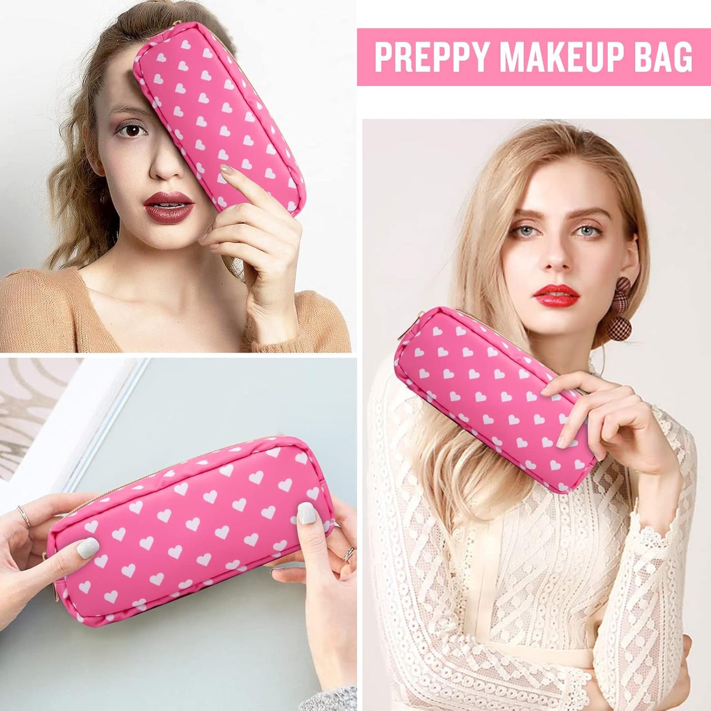 Nylon Slim Makeup Bag, Pink Heart Makeup Brush Case, Preppy Cosmetic Zipper Pouch for Purse, Travel Toiletry Bag Clutch Coin Pouch Makeup Organizer for Women Girls