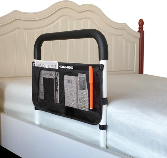 Bed Rails for Elderly Adults Safety Height Adjustable Bed Assist Rail for Seniors Bedside Fall Prevent Grab Bar with Storage Pocket Fits King Queen Full Twin Bed(White)
