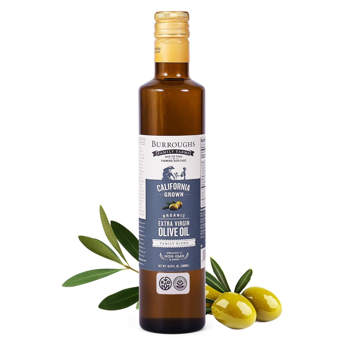 Burroughs Family Farms Premium Organic Extra Virgin Olive Oil – Cold-Pressed California EVOO, Polyphenol Rich Family Blend – Regenerative Organic & USDA Certified, Non-GMO, Gluten-Free – 500ml (16.9 fl oz) Glass Bottle