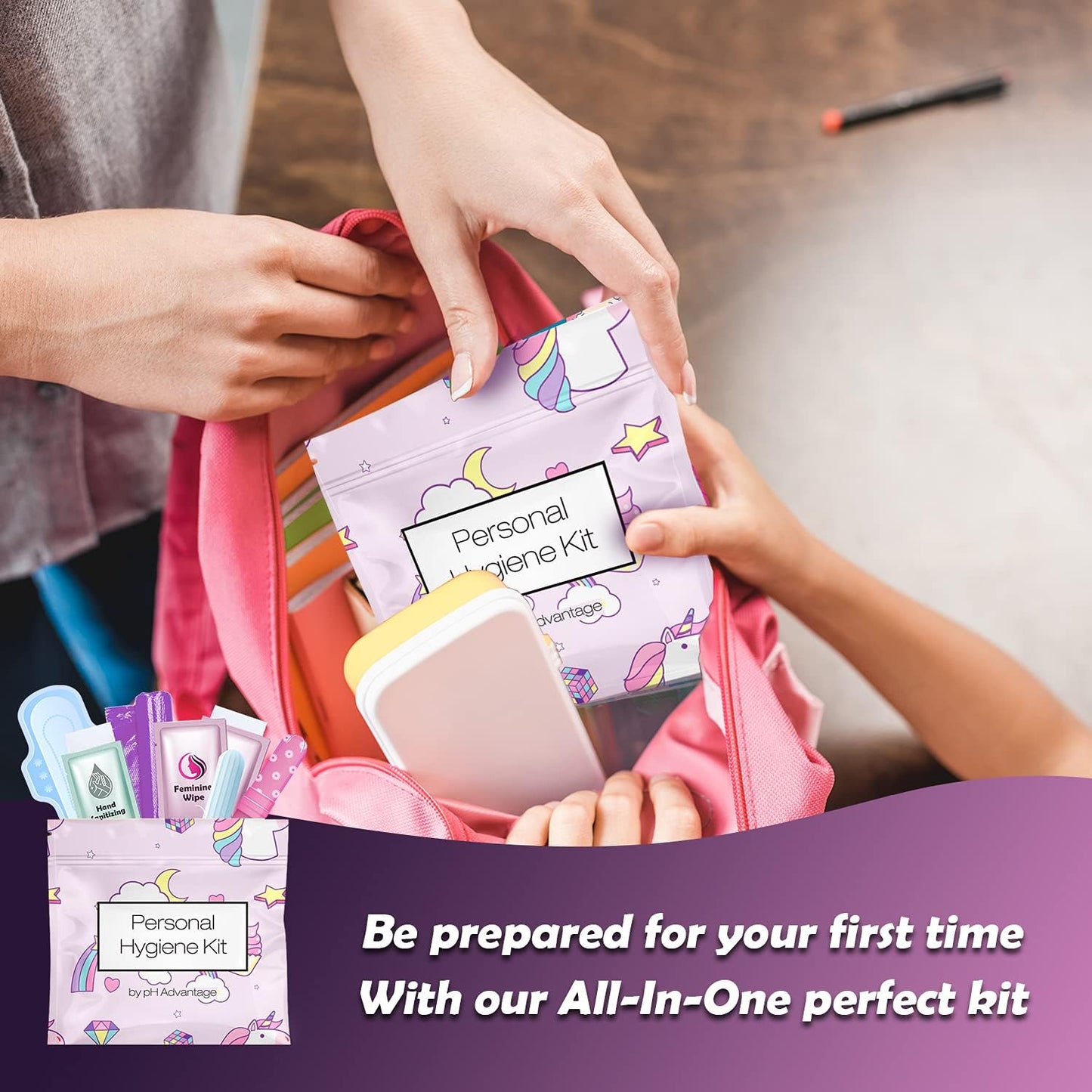 Menstrual Kit All-in-One 10 Pack | Convenience on The Go | Period Kit Pack for Travelling, Tweens & Teenager | Individually Wrapped Feminine Hygiene Product (Rainbows and Unicorns)