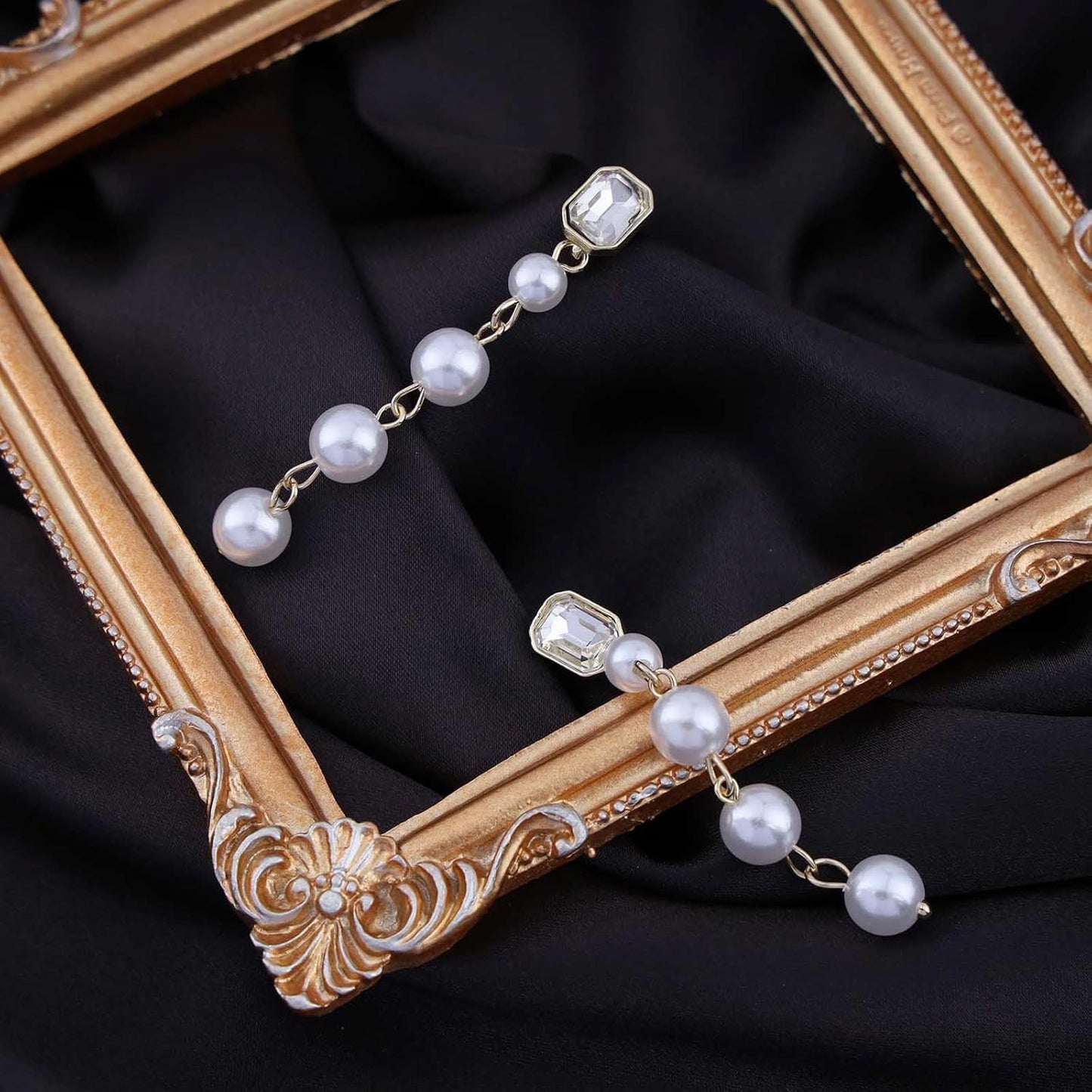 Vintage Crystal Pearl Drop Earrings Long Pearl Chain Earrings Gold Pearl Tassel Earrings Shine Bridal Cz Rhinestone Pearl Earrings Jewelry for Women
