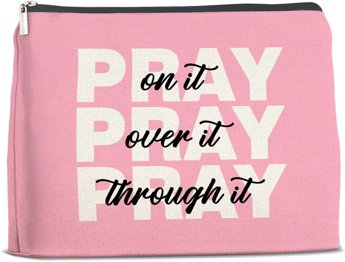 Inspirational Pray On It Pray Over It Makeup Bag Gifts for Women Christian Religious Pink Cosmetic Bag Zipper Pouch Travel