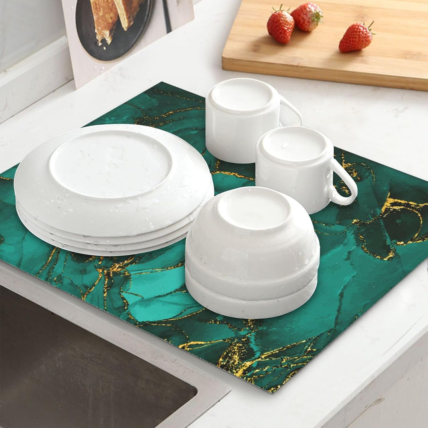 Turquoise Marble Decorative Dish Drying Mat for Kitchen Counter Washable Absorbent Reversible Microfiber Emerald Dark Green Drying Pad Kitchen Accessories 16"x18"