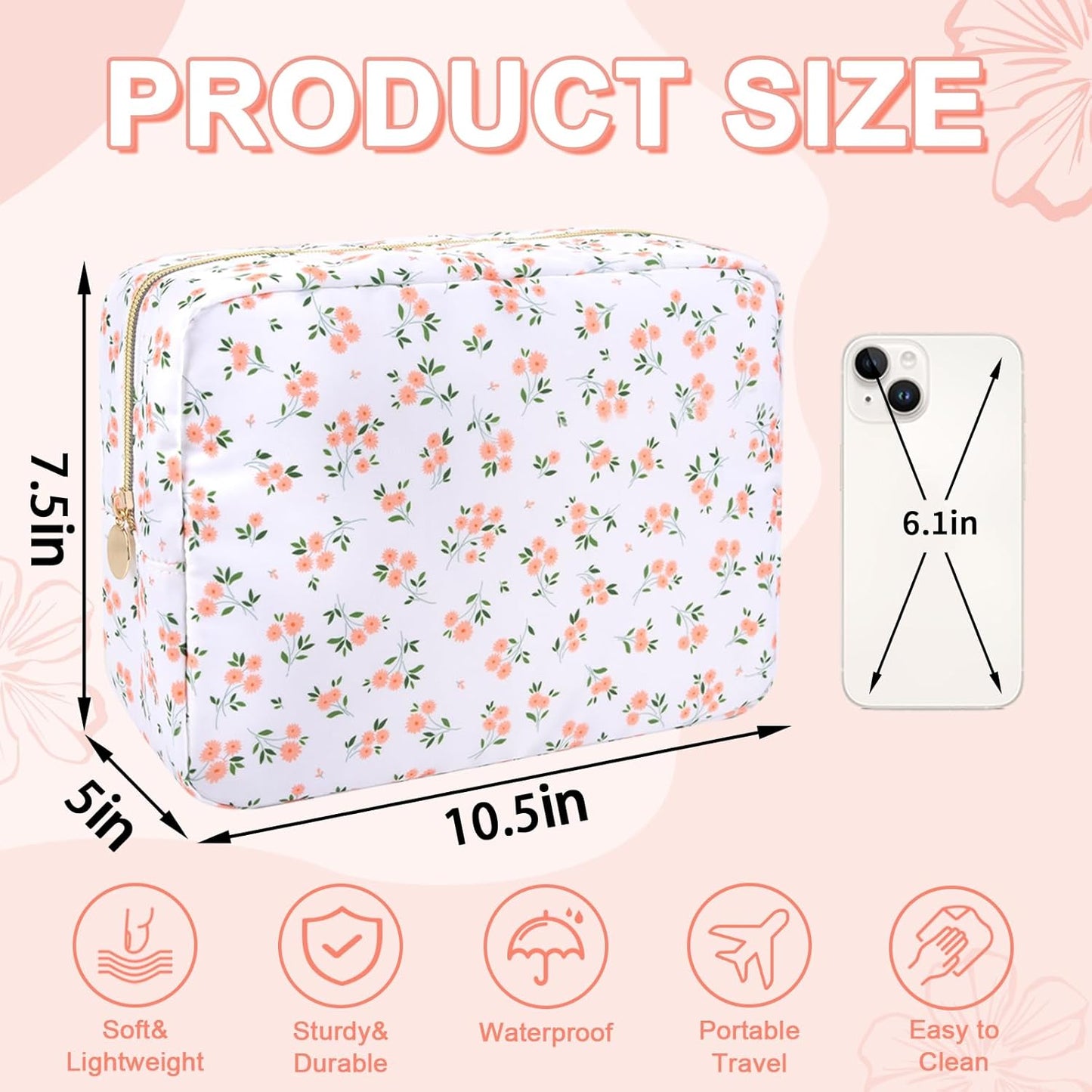 Waterproof Large Floral Makeup Pouch,Nylon Travel Toiletry Storage Purse Preppy Cosmetic Bag for Women Girl,Large Capacity Makeup Organizer Zipper Pouch for Work(L White-Flowers)