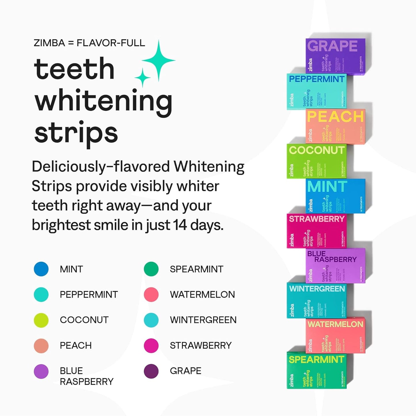 Zimba Teeth Whitening Strips for Teeth Sensitive, White Strips for Teeth Whitening, Teeth Whitener Stain Remover 28 White Strips Included Per Pack, 2 Pack (14 Day Treatment), Spearmint and Watermelon