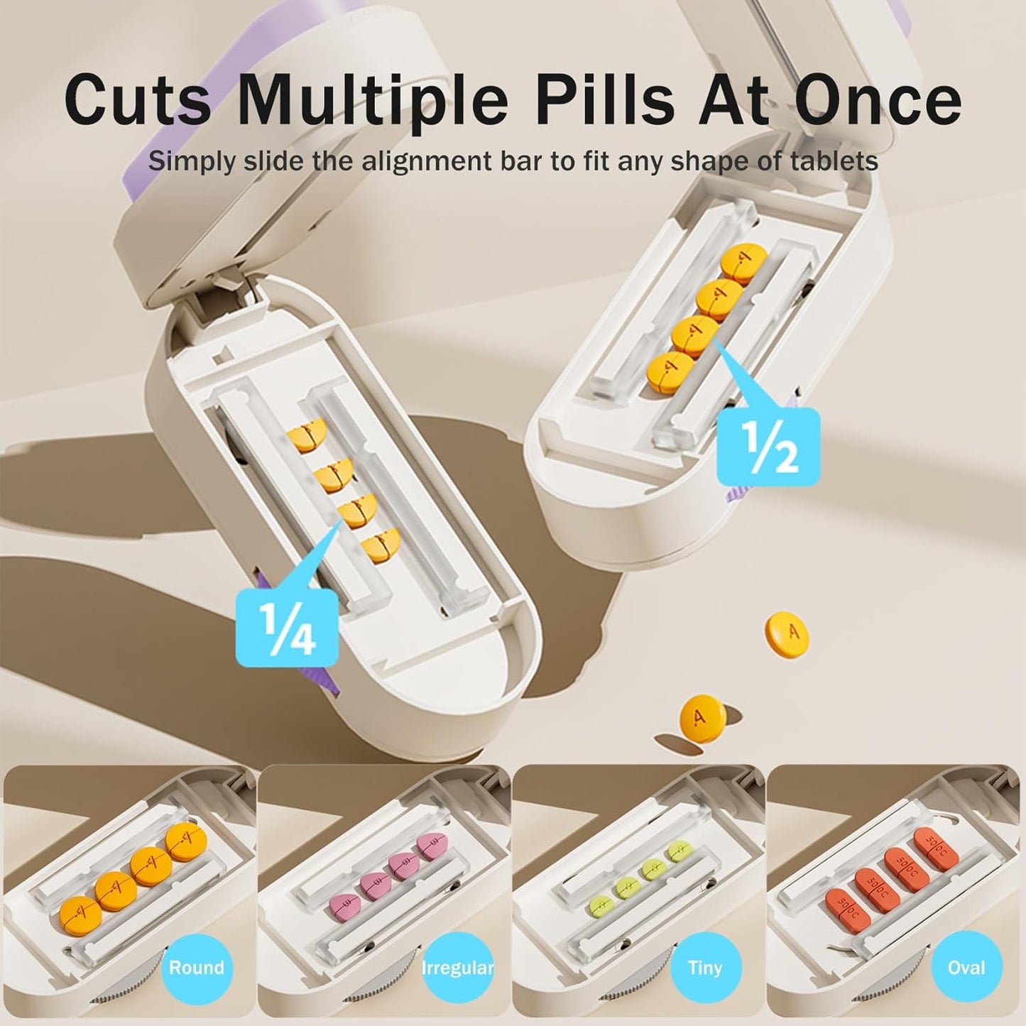 Multiple Pill Cutter - Pill Cutter Splitter for Small Tiny Large Pills Professional | Vertical Press-Down Cutting & Adjustable | Sturdy Blade & Guard | Includes Cleaning Brush (Purple)