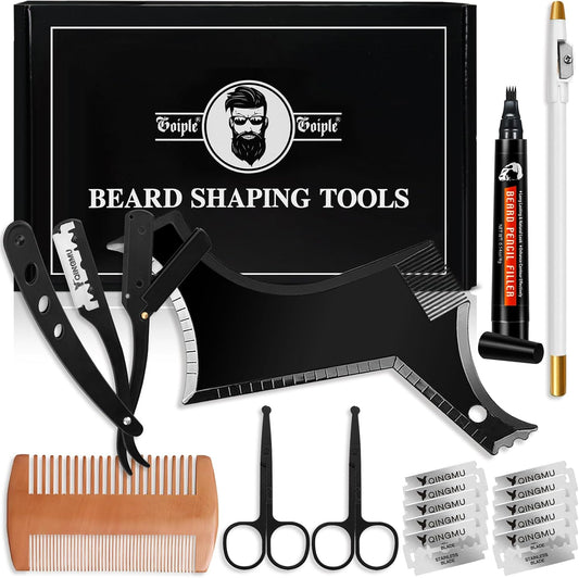 Beard Shaper for Men Beard Shaping Tools - Beard Template Guide, Professional Straight Edge Razor, 10 PCS Double Edge Blade, Barber Pencil, Beard Comb, 2 Stainless Steel Scissors Mustache Lineup Tools
