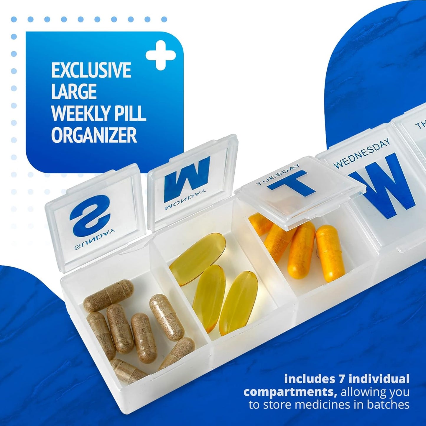 Weekly Pill Organizer - 7-Day Pill Planner Extra Large Pill Planner and Daily Pill Organizer and Medicine Reminder, Monday to Sunday Compartments - BPA Free - Travel Pill Box Case (Pack of 4)