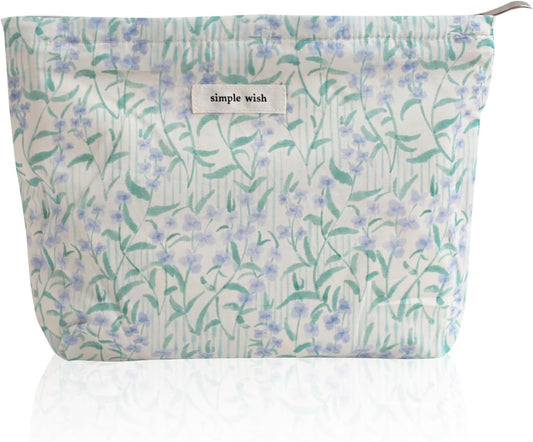 Wudygirl Cute Makeup Bag for Women - Travel Cosmetic Bag with Zipper Makeup Pouch Floral Make up Organizer Handbag Aesthetic (Purple Floral)