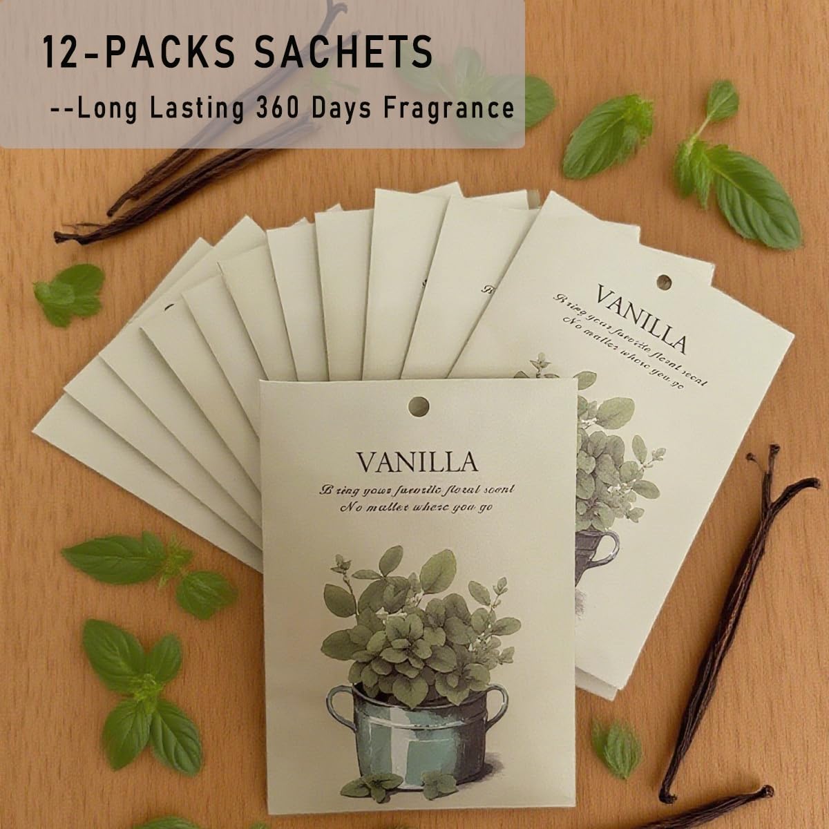 Vanilla Scented Sachet Bags - 12 Pack Home & Car Freshener, Odor Eliminator for Closets, Rooms, Drawers, Wardrobes, Toilets, Long - Lasting 360 - Day Fragrance