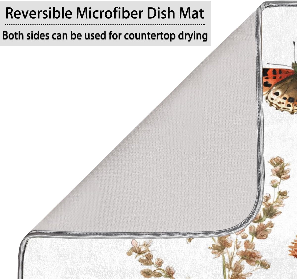 Dish Drying Mat Spring Botanical Butterfly Wildflowers Large Drying Mat for Kitchen Counter 18x24in Absorbent Dish Drainer Rack Pad, Heat Resistant Coffee Bar Mats Countertop Protector