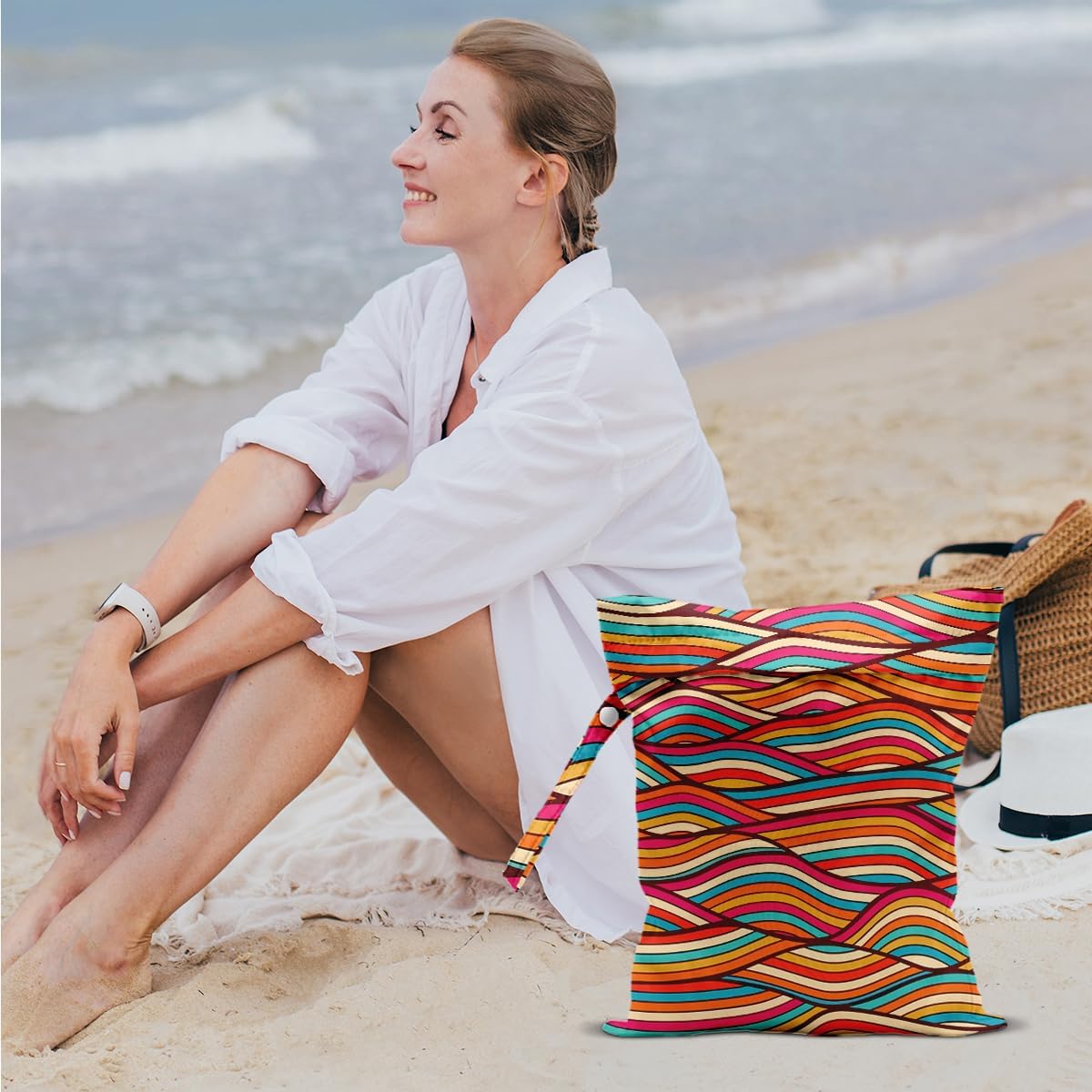 Wave Wet Bags 12x10 Inch, Colorful Wave Waterproof Travel Laundry Bags, Washable Reusable Wet Dry Bag for Swimsuit Pool Beach Diapers Dirty Yoga Gym Clothes, Travel Gifts for Women Friend Travelers