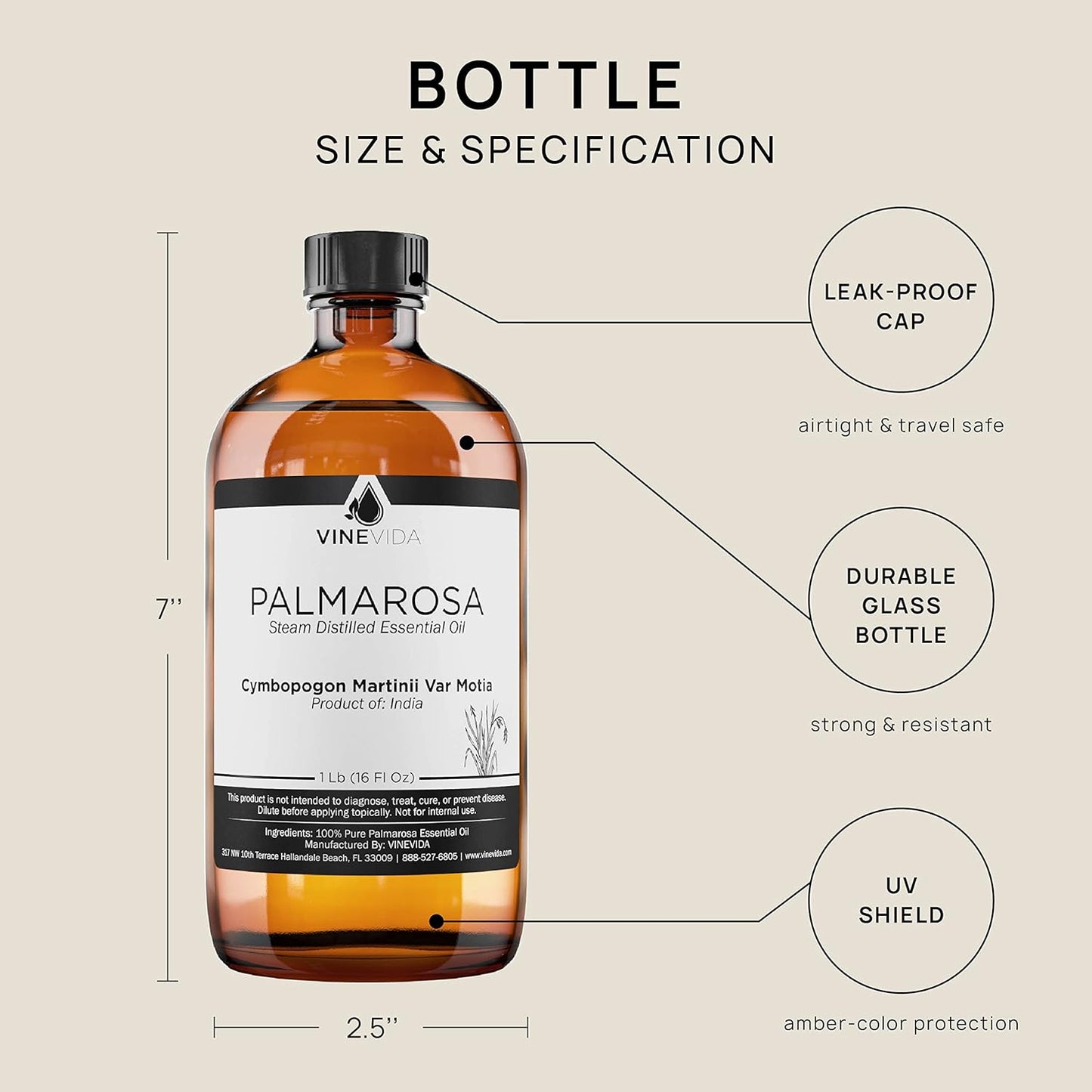 VINEVIDA Palmarosa Essential Oil 16 oz - Undiluted Palmarosa Oil 16 oz - Palmarosa Candle Oil Scent - DIY Candle Scents for Candlemaking - Bulk Essential Oil for Soap Making Safe for Skin