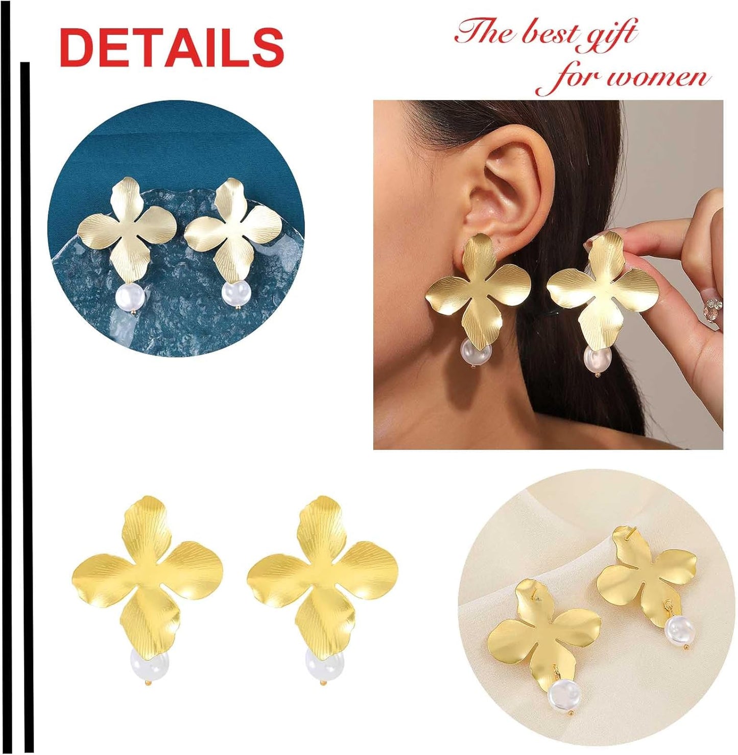 Boho Big Flower Drop Earrings Vintage Gold Floral Petal Dangle Earrings Statement French Flower Pearl Drop Earrings Studs Wedding Bridesmaid Earrings Jewelry for Women