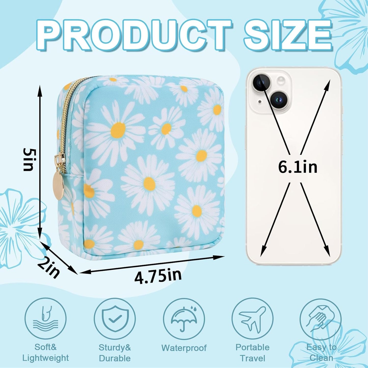 Waterproof Mini Floral Makeup Bag Pouch for Purse,Nylon Flower Cosmetic Travel Bag Small Preppy Toiletry Organizers Bag for Women Girl,Cute Zipper Pouch Coin Purse for Work(Mini Blue-Daisy)