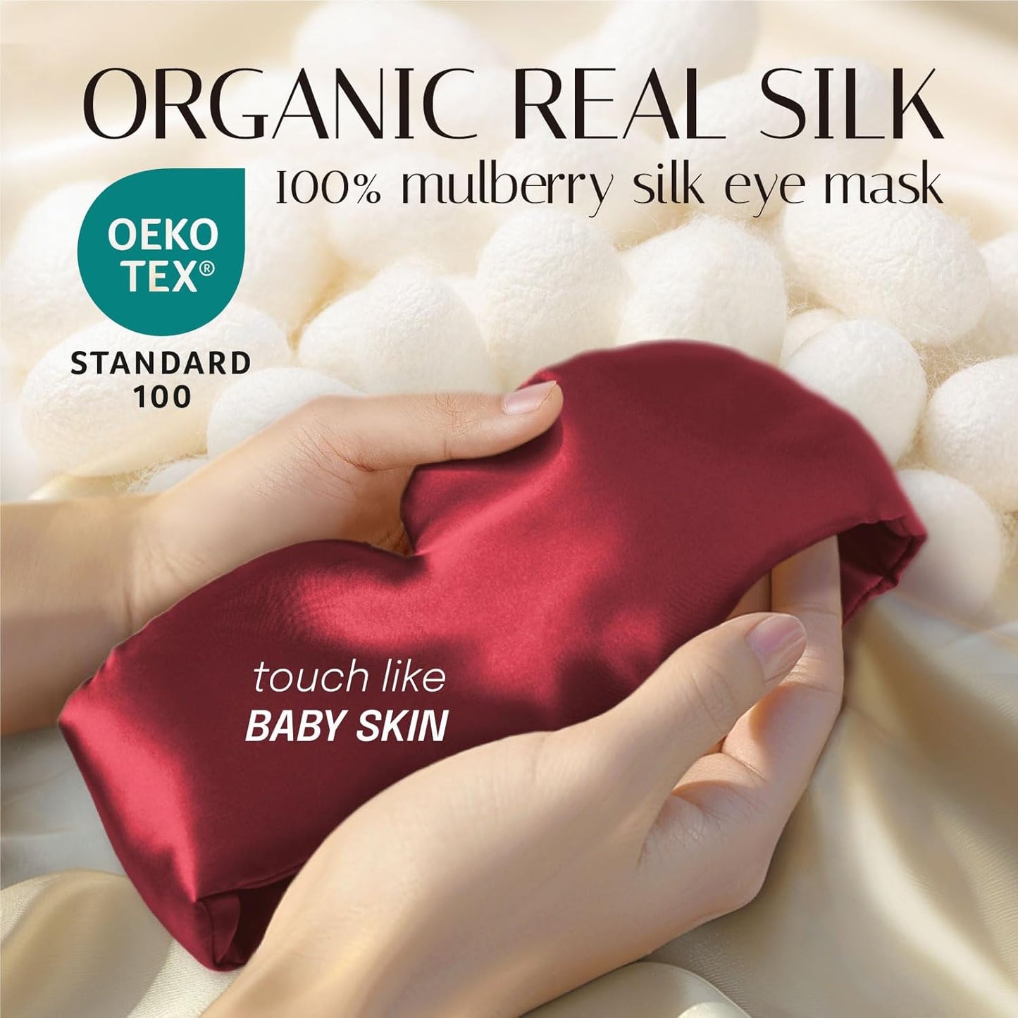 Silk Sleep Mask Soft Pressureless: 100% Mulberry Silk for Eye Skin Anti Wrinkles, Large Size for Total Blackout, Adjustable Wide Velcro Ear Cover, Burgundy