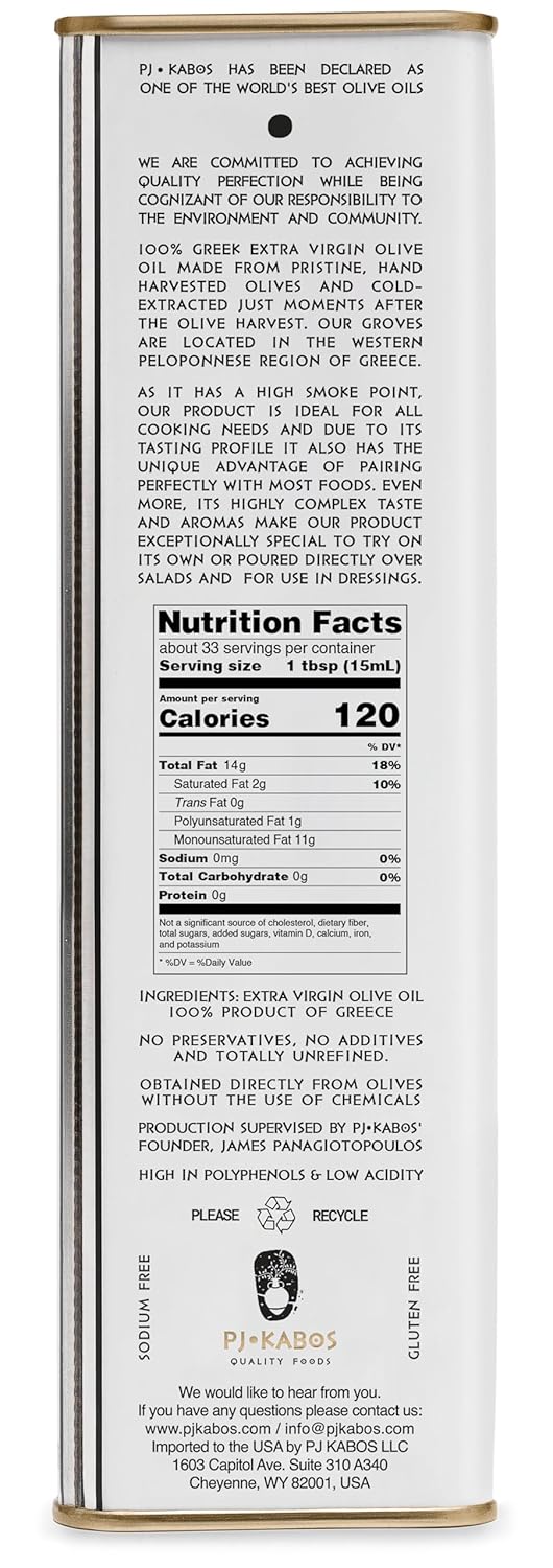 P.J. KABOS 2024/25 Harvest, High Phenolic (450+mg/kg), Premium Greek Extra Virgin Olive Oil, Kosher, Greece, Cold Extracted, 6 x 16.9 oz Tin, Koroneiki, "Family Reserve - Medium"