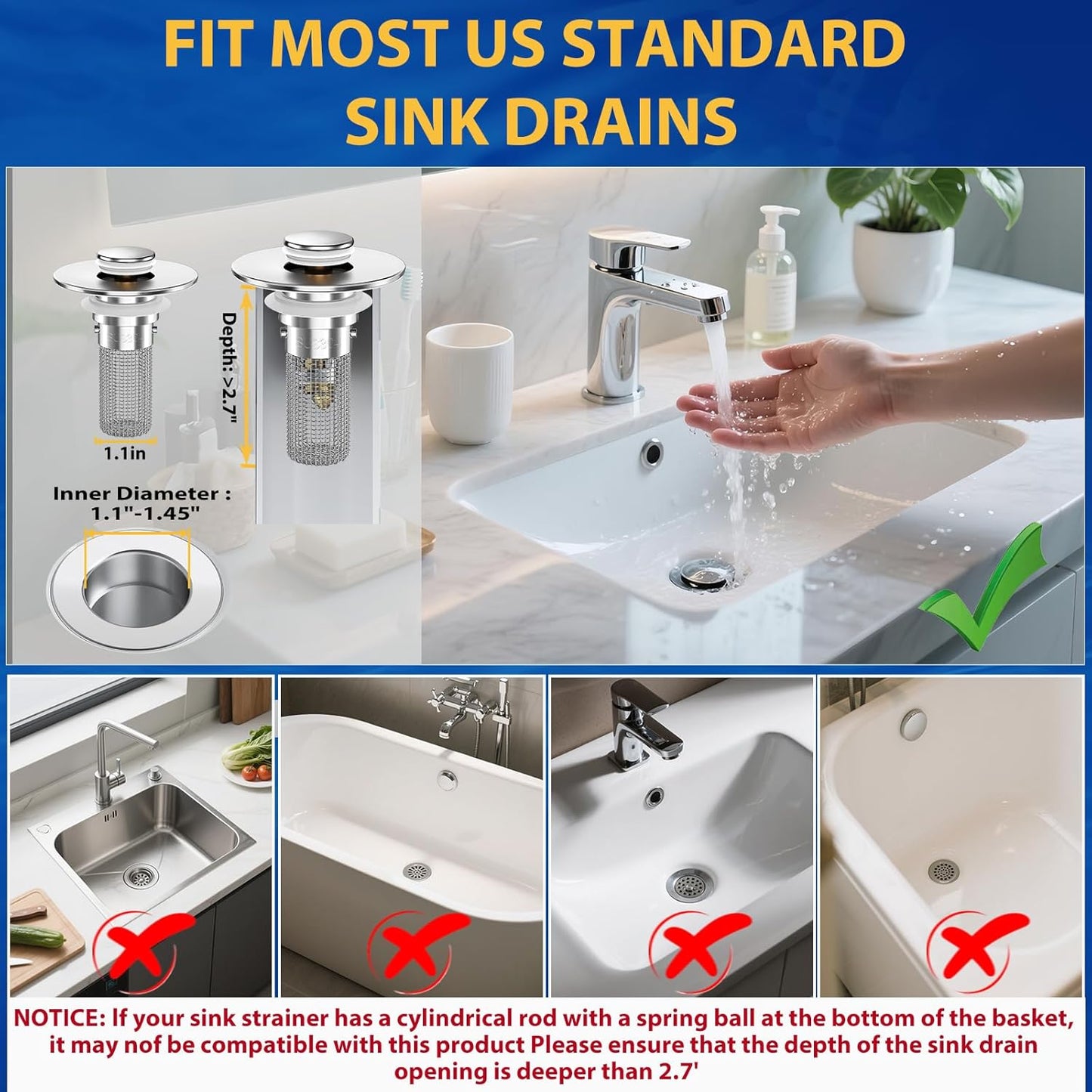 Bathroom Sink Drain Strainer, Pop-Up Bathroom Sink Stopper with Removable Stainless Steel Hair Catcher Basket, Universal Fit for US Bathroom Sinks, Bathtubs, Showers & Floor Drains (3PCS)