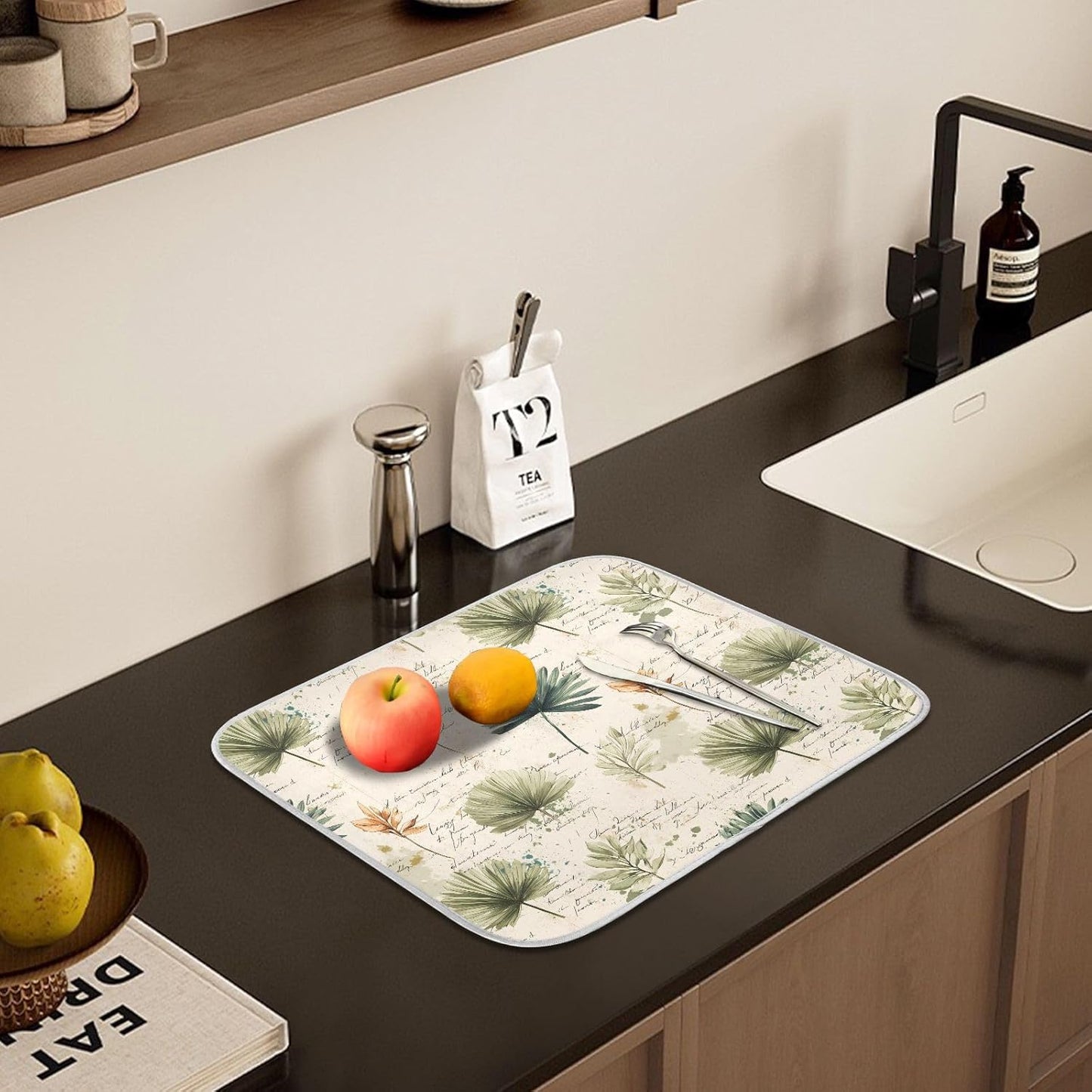 Palm Leaves Vintage Leaf Dish Drying Mats for Kitchen Counter, 18x24 inch Drying Dishes Absorbent Microfiber Dish Drainer Mat Rack Pad Fast Dry
