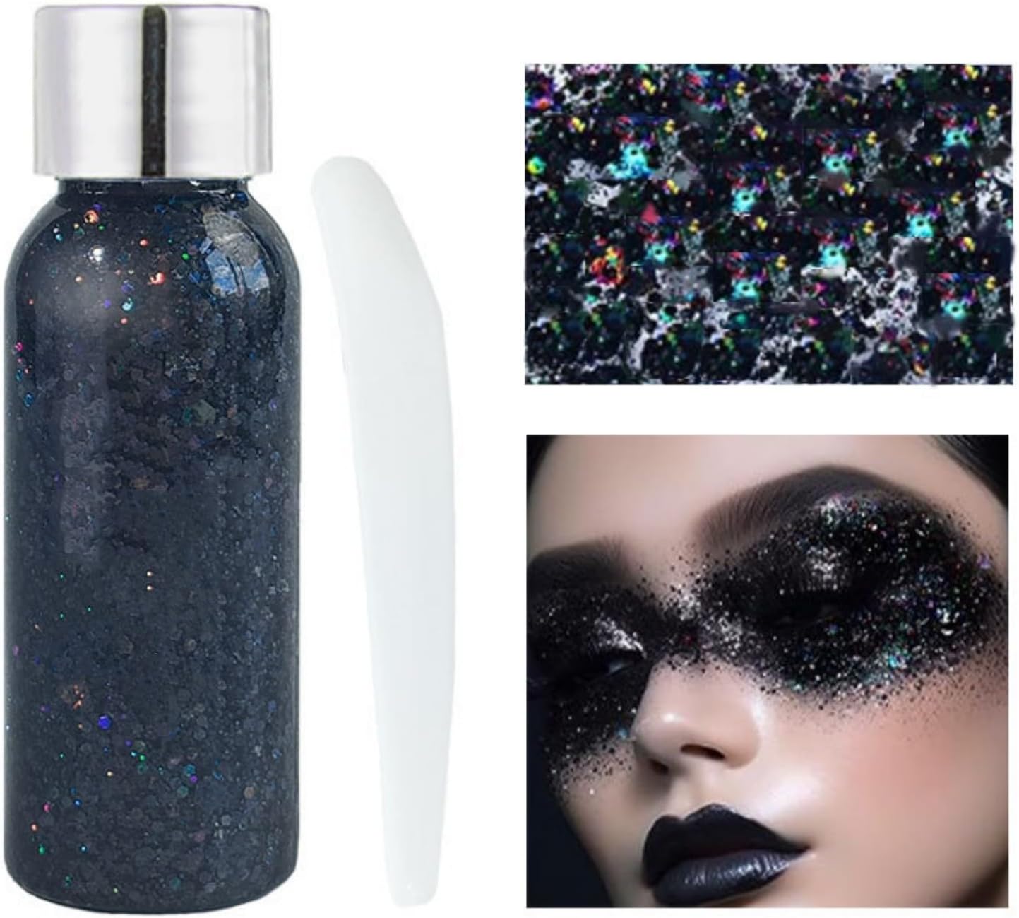 MAEPEOR Chunky Face Body Glitter Gel 19 Colors Mermaid Sequins Holographic Body Glitter Gel Long-Lasting Festival Makeup Glitter Paint for Face Body Hair Nails (30g, 10 Black)