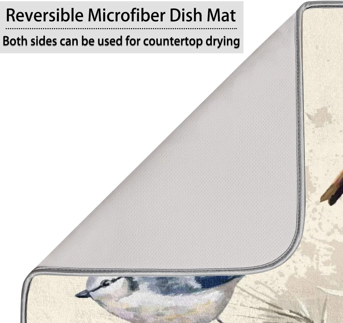 Hexteria Vintage Birds Dish Drying Mat for Kitchen Counter, Absorbent Reversible Microfiber Dish Drying Pad Kitchen Drying Mat for Home Decor, 16 x 18 inch