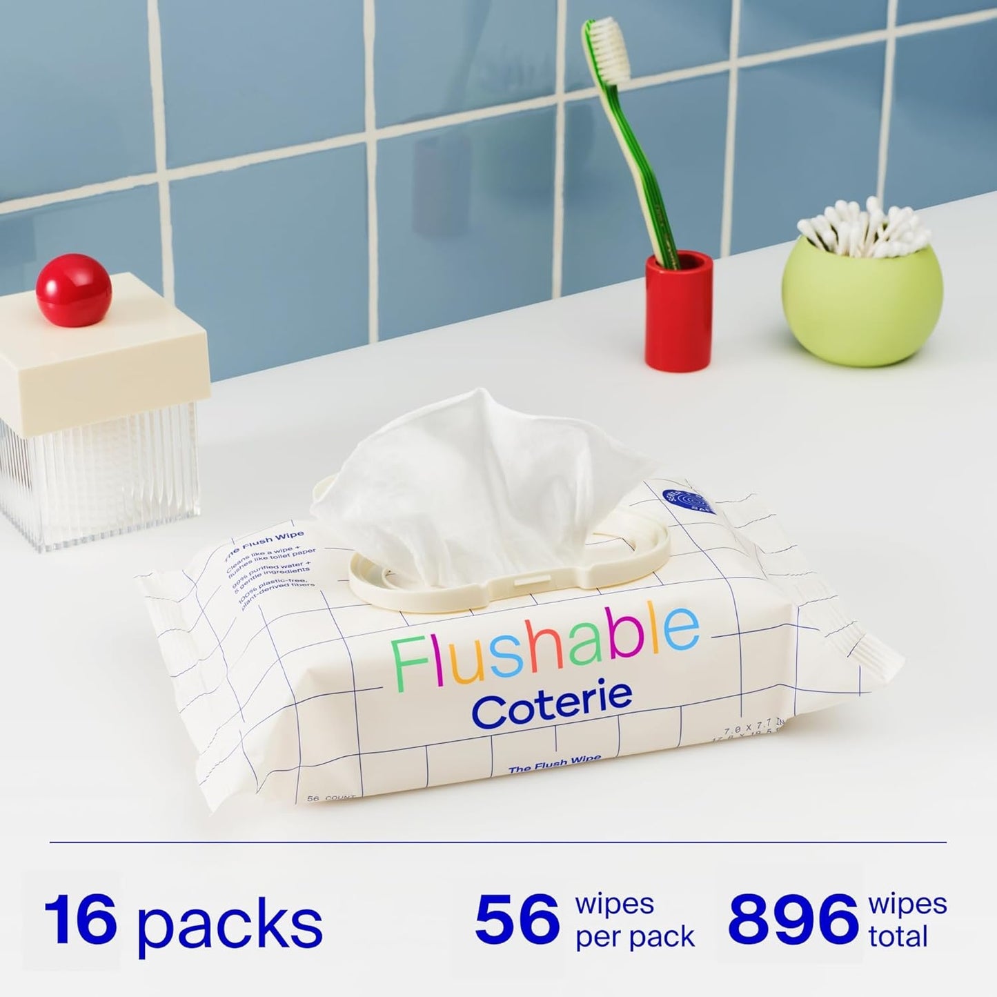 Coterie Flushable Wipes for Sensitive Skin, Hypoallergenic, 99% Water, Plant-Based Fibers, Sewer + Septic Safe to Flush, Fragrance Free Potty Training Toddler Toilet Wipes | 16 Packs (896 Count)
