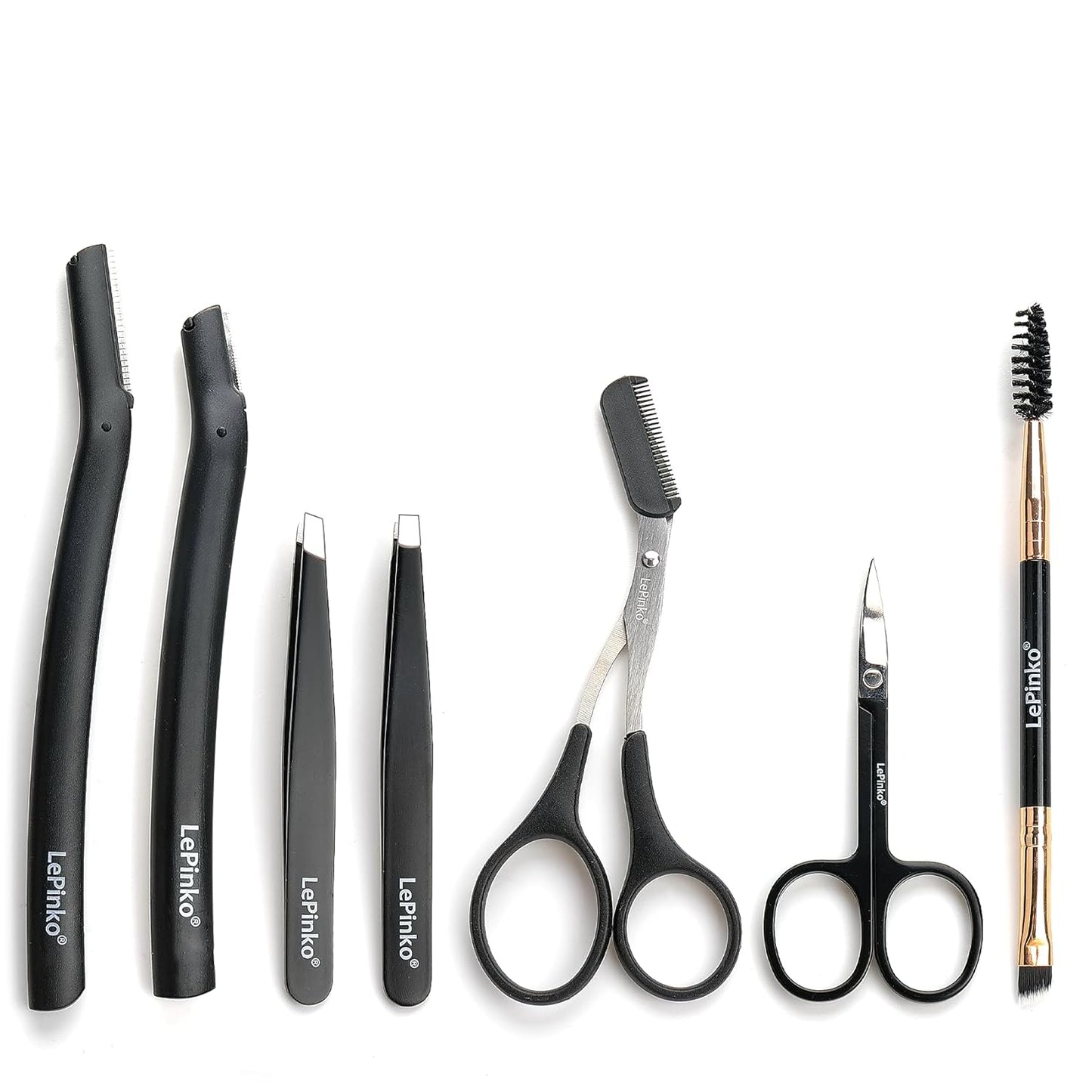 Eyebrow Trimmer Kit, 7 in 1 Eyebrow Scissors, Tweezer, Razor, Gromming Scissors Brush for Women Men, Gifts for Stocking Stuffers - Black