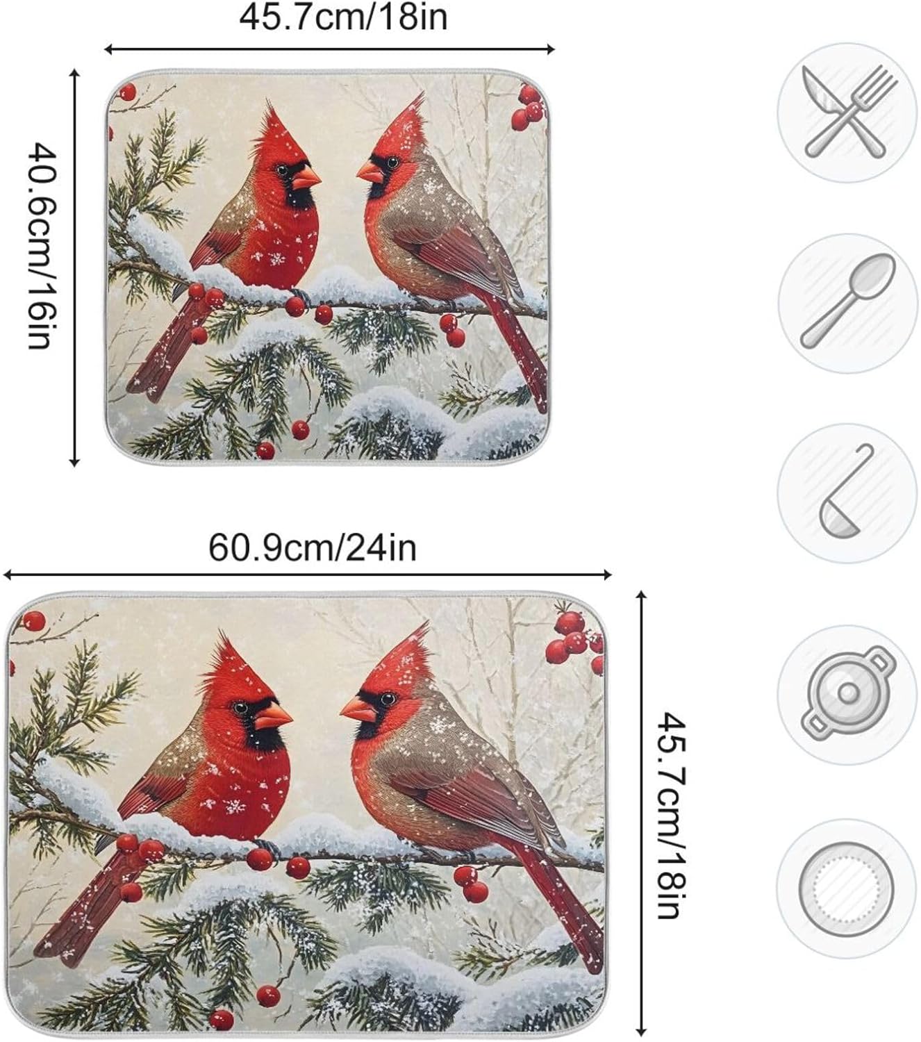 Christmas Dish Drying Mat Red Cardinals Birds Snowflake Branches Berries Winter Christmas Dish Drainer Mat for Kitchen Counter 18x24 inch Drying Mat Absorbent Microfiber Dish Mat