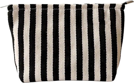 Makeup Bag for Women, Striped Makeup Bag, Travel Makeup Pouch for Purse, Canvas Cosmetic Bag with Zipper lining , Small Travel Pouch for Toiletry, Sunscreen, Sunblock, Hygiene, Skincare, Medicine