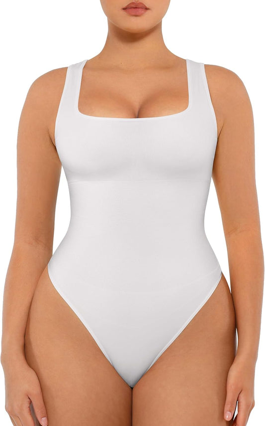 FeelinGirl Bodysuits for Women Seamless Square Neck Tummy Control Compression Thong Shapewear Bodysuit Tank Tops Bodysuit