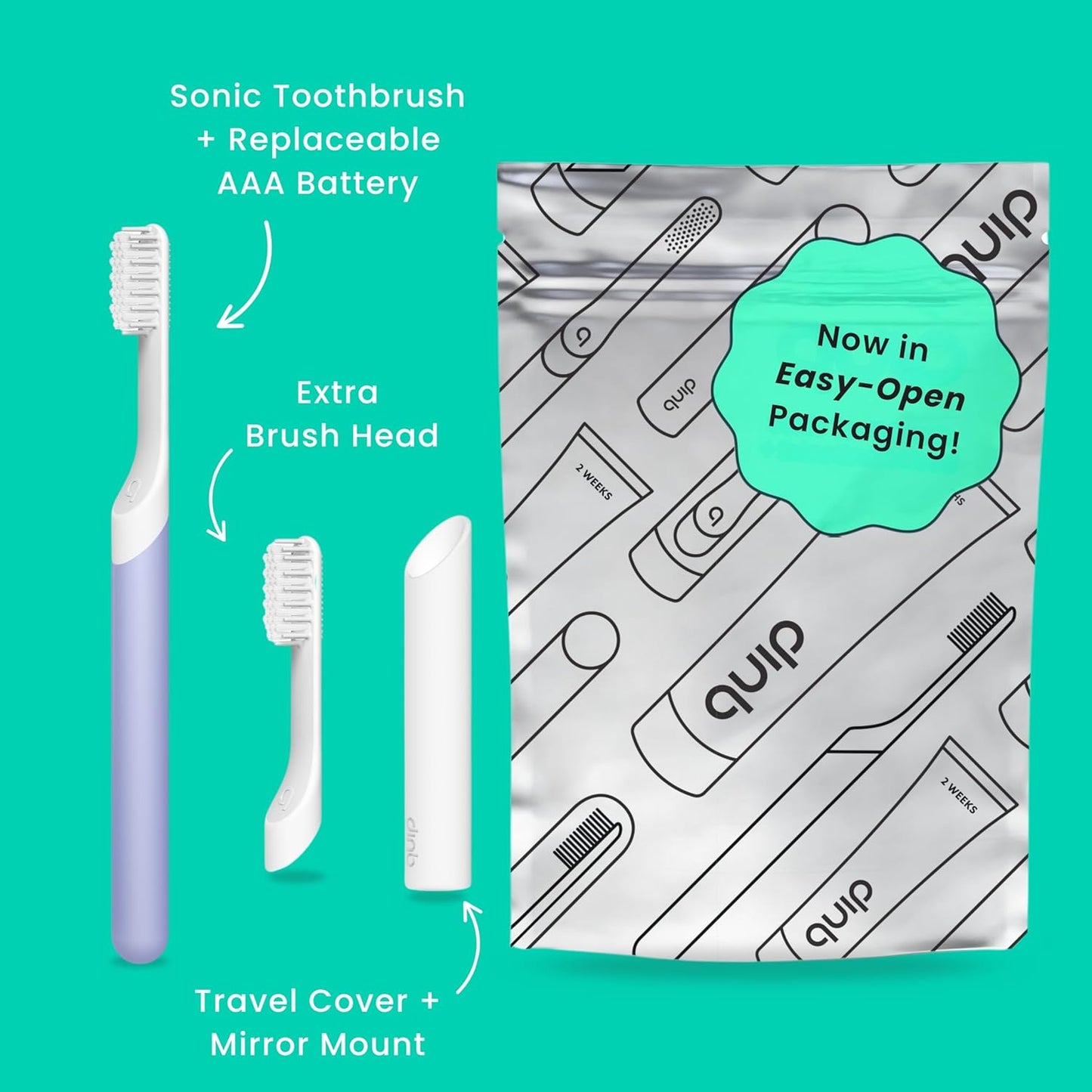 Quip Plastic Sonic Electric Toothbrush for Adults - Time Travel & Soft Bristles with Travel Case & Replacement Brush Head - 3 Month Battery Life - Lavender