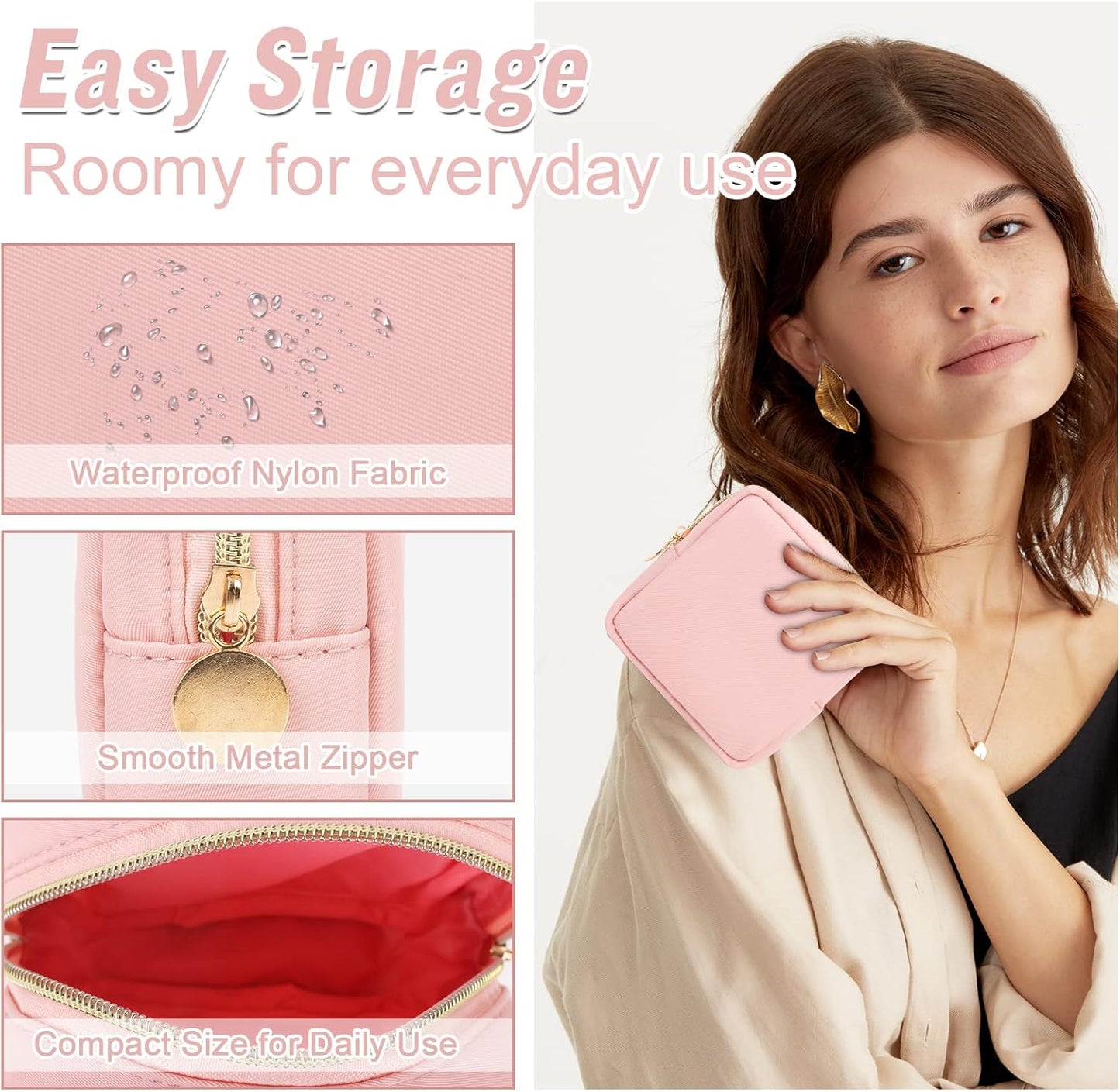 Nylon Mini Makeup Bag for Purse, Preppy Small Cute Pink Makeup Bag Cosmetic Zipper Pouch Purse, Waterproof Travel Coin Pouch Sanitary Napkin Storage Bag Clutch Makeup Organizer for Women Girls(Pink)