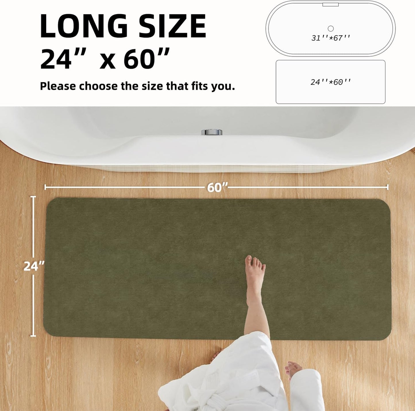 Bathroom Mat Quick Dry, Bathroom Rugs Non Slip Washable Thin Absorbent Bath Mat Fits Under Door Bathroom Floor Mat Perfect for Bath, Shower, or Sink 24"x60" Sage Green