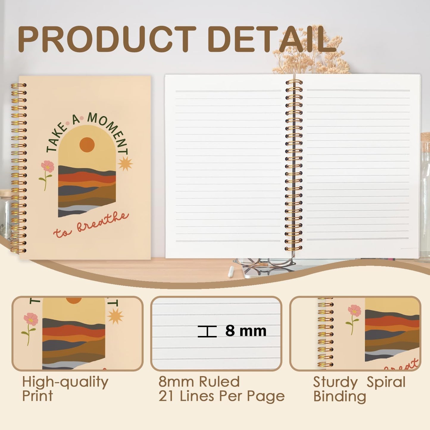 Boho Floral Mental Health Spiral Journal Notebook 5.5x8.3in, Take A Moment to Breathe Inspirational Notebooks for Note Taking, Therapy Office Must Haves, Hardcover Notebook Journal