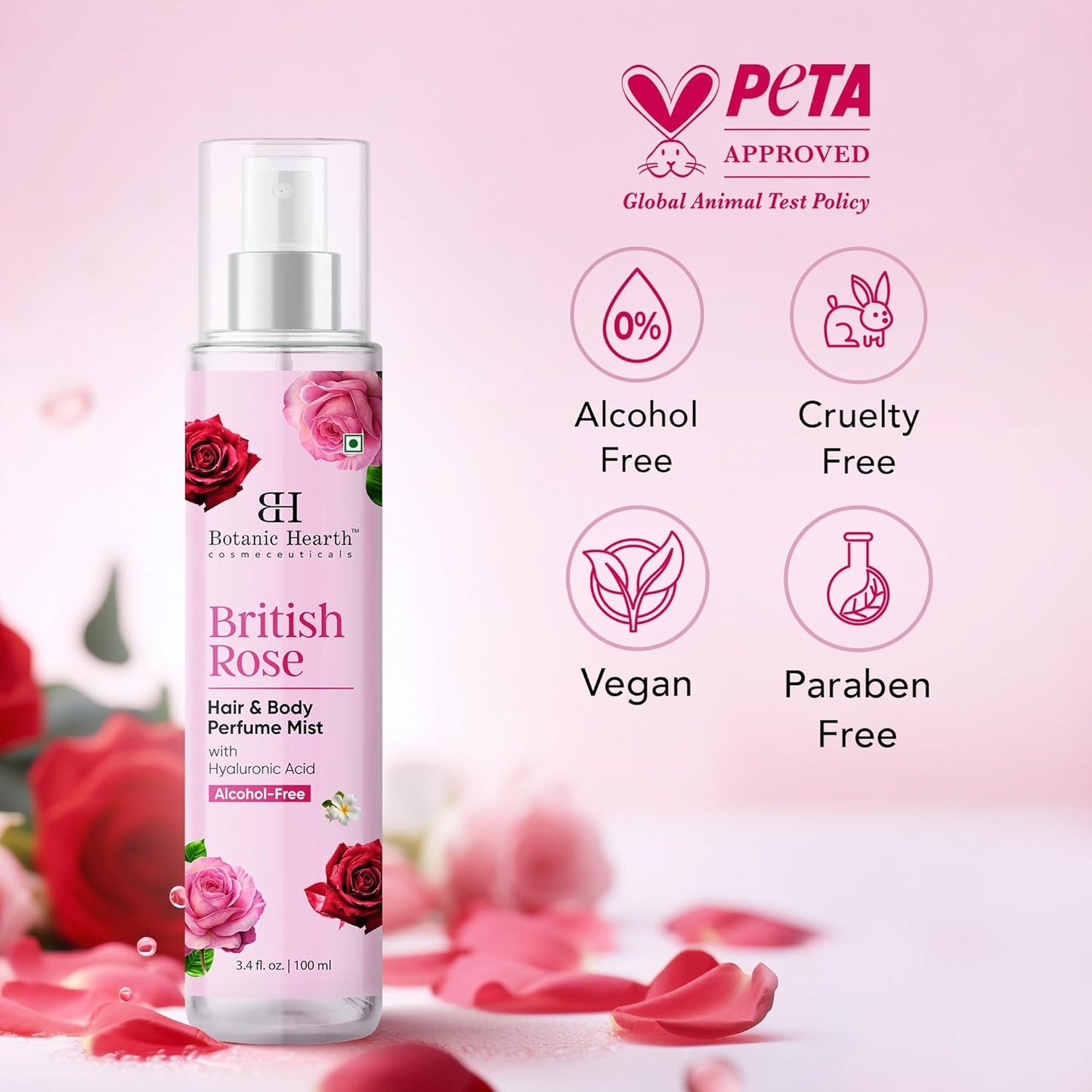 Botanic Hearth British Rose Hair & Body Perfume Mist with Hyaluronic Acid, Alcohol-Free, Refreshing & Hydrating Body Spray, Long Lasting Floral Fragrance, 100 ml / 3.4 fl oz