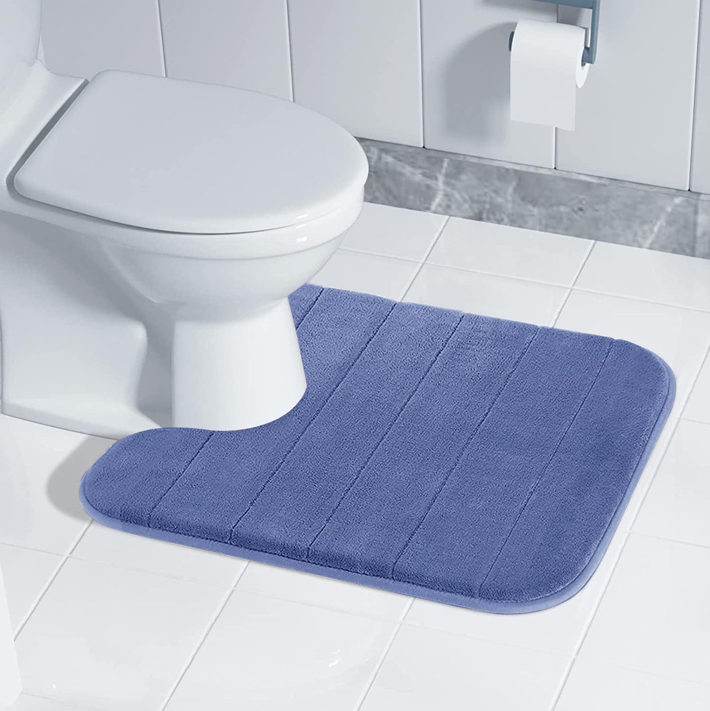 Yimobra Memory Foam Toilet Bath Mat U-Shaped, Soft and Comfortable, Super Water Absorption, Non-Slip, Thick, Machine Wash and Easier to Dry for Bathroom Commode Contour Rug, 24 X 20 Inches, Navy Blue