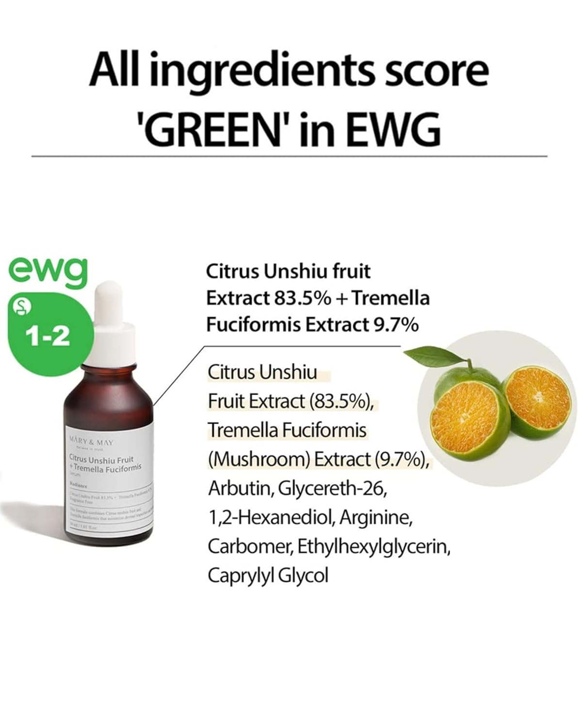 Mary&May Citrus Unshiu Fruit + Tremella Fuciformis Serum 1.01 Fl Oz / 30ml | VItamin Serum, Improves Skin Tone and Blemish, Recovering Glowy and Transparent Skin, Fragrance Free | EWG Green