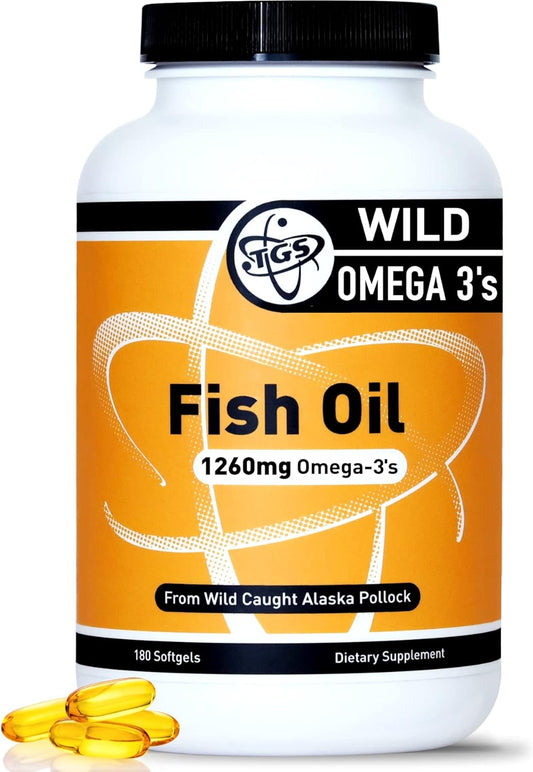 TGS Triple Strength Omega 3 Fish Oil Supplement - 1260mg EPA DHA for Men & Women - Burpless, Pure Omega 3 Fatty Acids from Wild Alaska Pollock in Triglyceride Form - 180 Capsules, 90 Servings