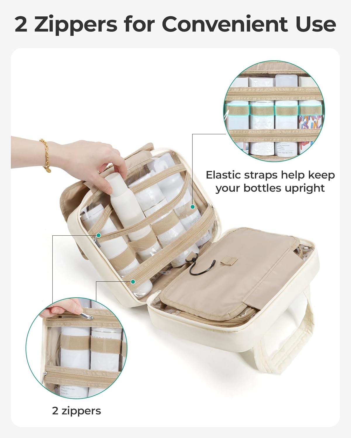 BAGSMART Travel Toiletry Bag for Womne, Hanging Travel Bag for Toiletries, Puffy Makeup Cosmetic Bag Organizer, Carry-on Travel Accessories Essentials, Beige