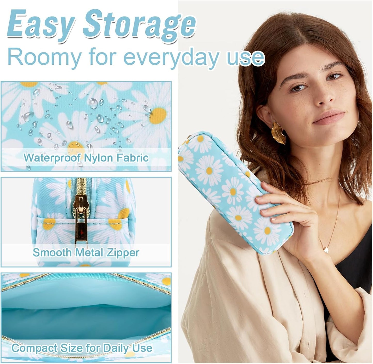 Nylon Small Floral Makeup Bag, Slim Preppy Cute Makeup Brush Case, Waterproof Travel Toiletry Bag, Coin Pouch Make Up Organizer for Women (Blue-Daisy)