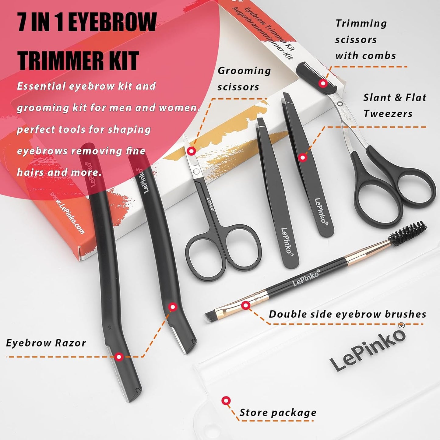 Eyebrow Trimmer Kit, 7 in 1 Eyebrow Scissors, Tweezer, Razor, Gromming Scissors Brush for Women Men, Gifts for Stocking Stuffers - Black