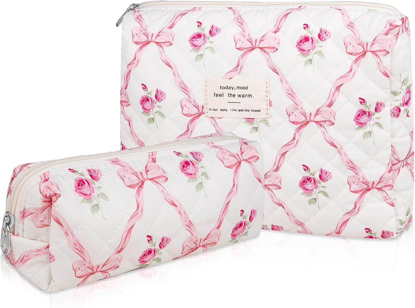 2PC Makeup Bag Set, Cute Cosmetic Bag for Women Girls, Floral Coquette Aesthetic Toiletry Bag, Travel Make Up Organizer Bag (Pink bow)