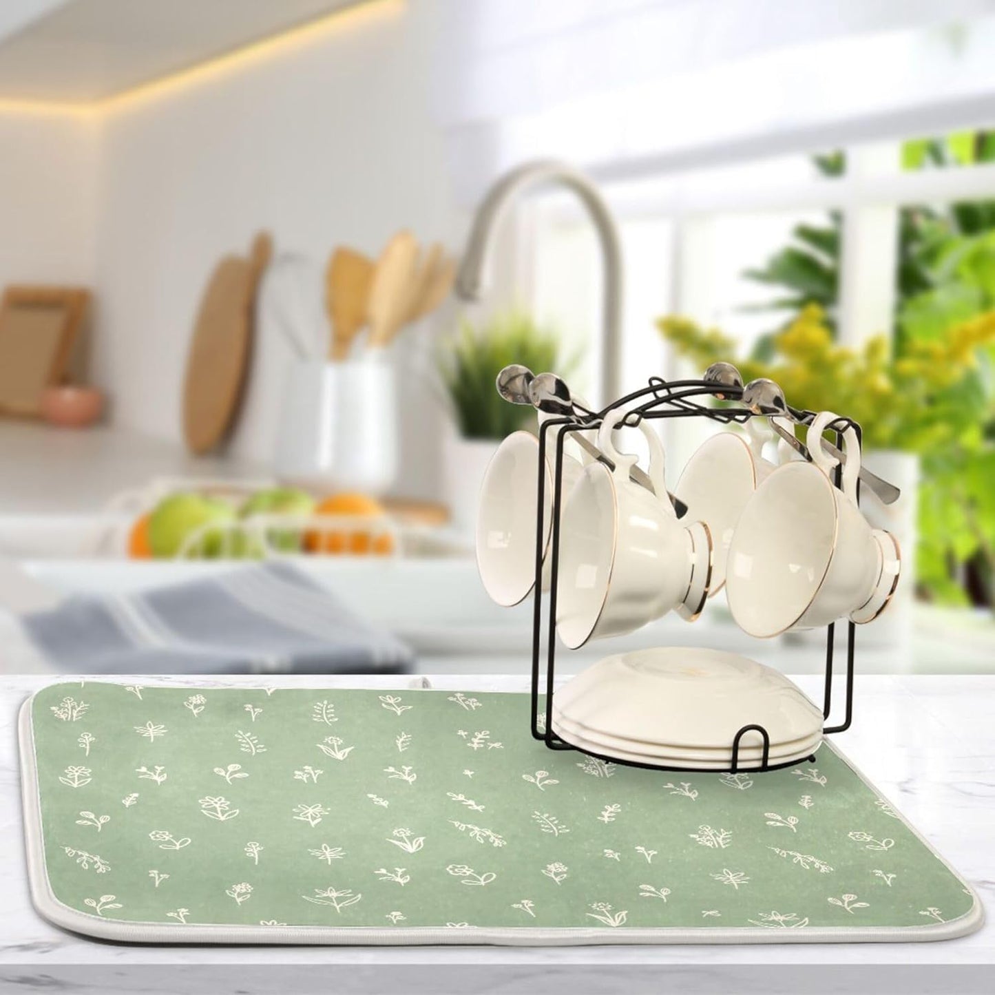 Sage Green Dish Drying Mat Quick Absorbent 18x24 Doodled Botany Flowers Leaves Herbs Plants Kitchen Drying Mat for Countertop Sink Reusable Dishes Mats Kitchen Essentials