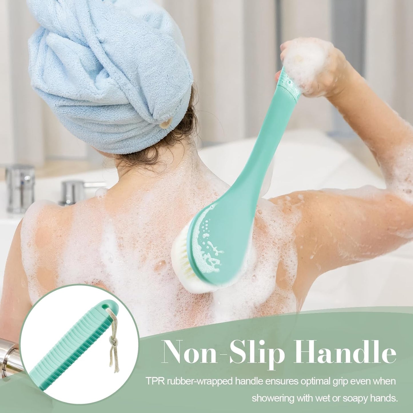 Back Scrubber for Shower, Shower Body Brush for Cleaning with Long Handle for Showering, 17 Inch Back Washer Exfoliator for Shower Men Women with Non-Slip Handle, Adhesive Hook (Celadon Green)